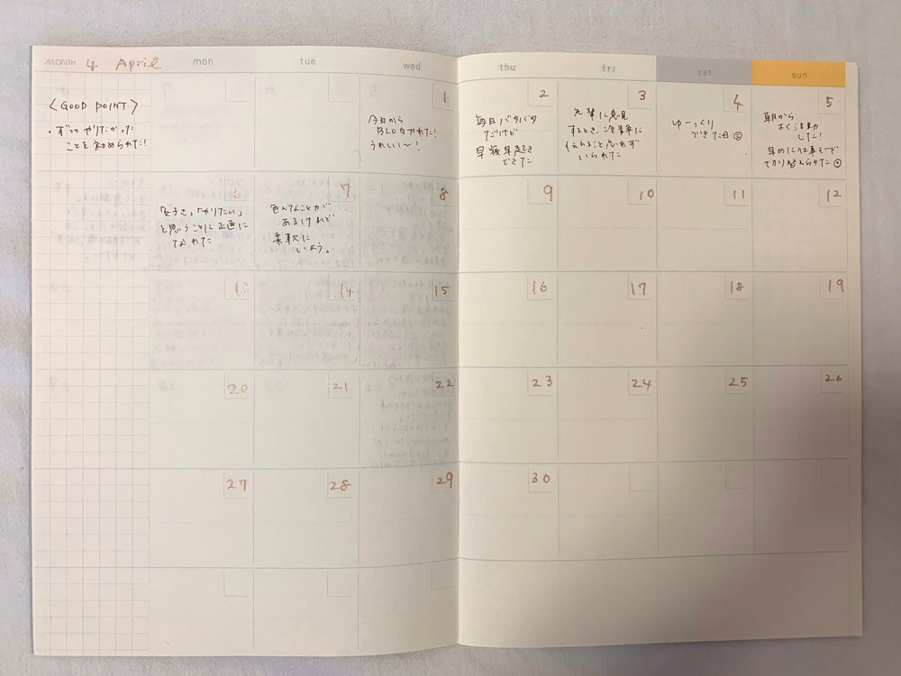 リフィルのマンスリーノートには、手帳には書き切れないようなひとこと日記を。