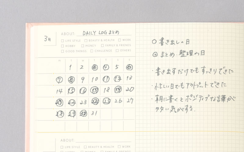 一ヶ月を振り返るREVIEWING LOGページ