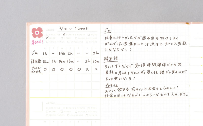 一ヶ月を振り返るREVIEWING LOGページ