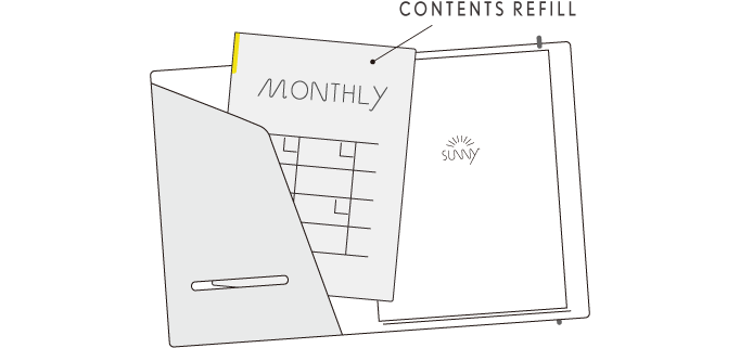 ポケットにコンテンツリフィルやクリアファイルを差し込んで自分に合った一冊に